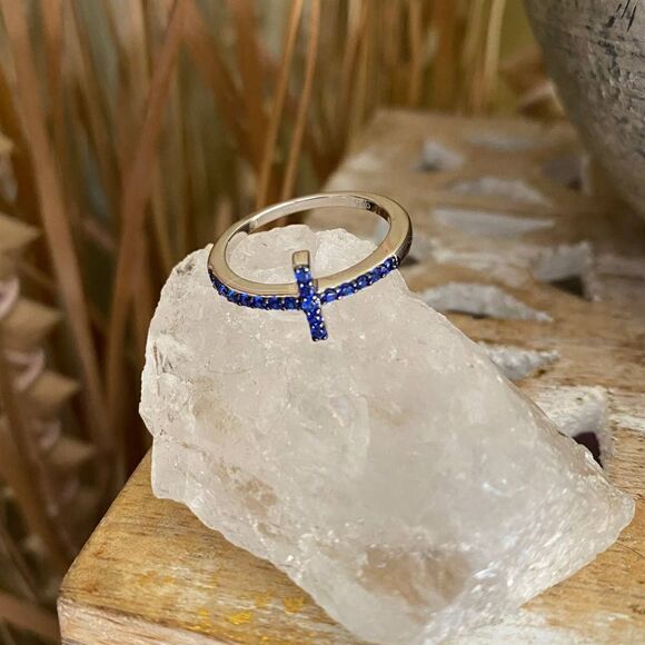 Blue Sapphire Cz Sterling Silver Sideways Cross Ring Size 7 - Picture 12 of 14